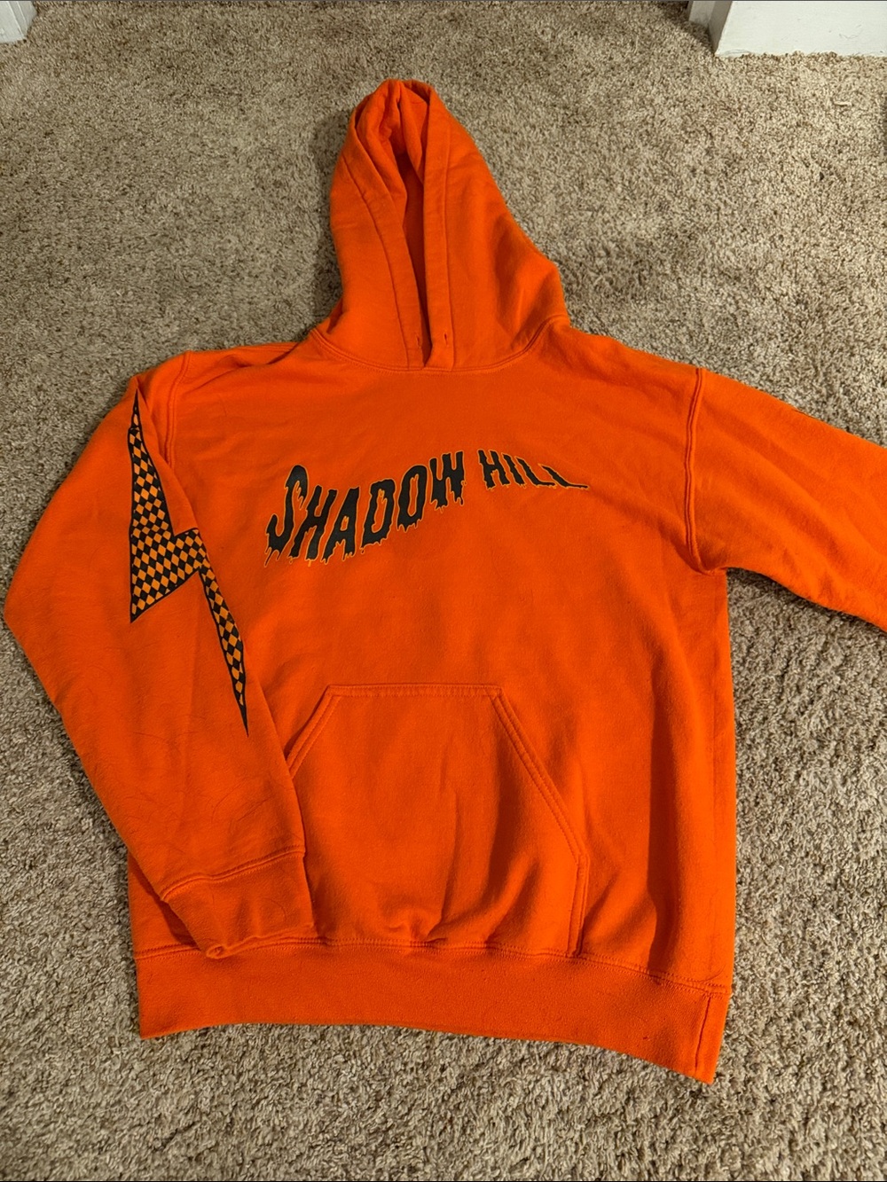 Shadow Hill Bright Orange Pullover Hoodie with Checker Sleeve Accent